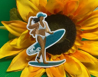 Surfer Patch, Surfer Girl, Beach Babe with Surfboard Embroidery Iron On, Trucker Hat Patch, Western, Jacket, Bookbag, Beach, (2Wx2.5L”)