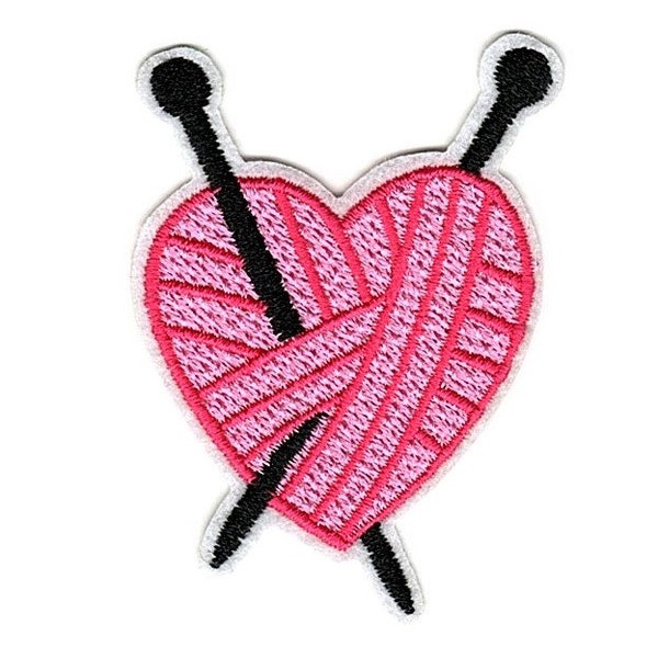 Yarn Heart Patch, Pink Knitting Needle Craft Sewing Stitching Love Iron-On Applique | Embroidered DIY Badge | Backpack Jacket Accessory