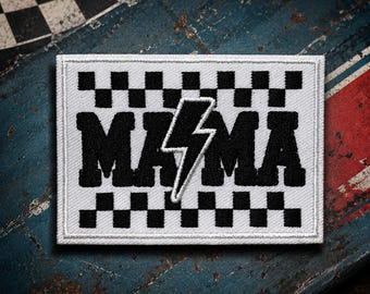 Mama Checkered Embroidered Iron On Patch, Retro Lightning Bolt Patch, Race Day Mama Applique, Racer Mom Jacket Patch, Checkered Flag Patch