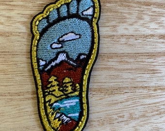Foot Hiking patch, hiking, camping, camp, outdoor, travel, mountain, forest, moon, star, camp life, park, national forest, road trip