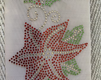 Pointsetta Flower Holiday Christmas Rhinestone Merry Xmas Hot Fix Heat Press Transfer Rhinestone Motif Applique DIY Holiday Spirit