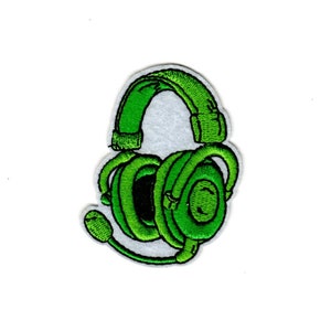 May include: Green embroidered patch of a headset with a microphone. The headset is a common symbol for gamers and streamers.