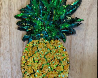 large sequined glitter pineapple patch, fruit, glue on patch, sew on patch, embroidered patch, clothing patch aesthetic patch