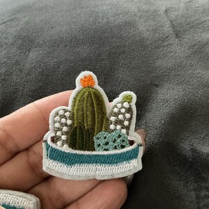 May include: Embroidered cactus patch featuring a green cactus with an orange flower, two smaller cacti, and blue-green succulents in a blue and white striped pot. The patch is on a white background.