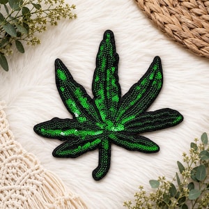 Green Sequin Leaf Embroidered Patch – Sparkly Botanical Iron On Applique, Green Bling Leaf Badge, Jacket Backpack DIY Patch