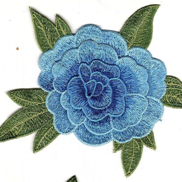 Flower Sew on Blue Floral Patch with Green Leaf's Iron on Floral Applique Patches