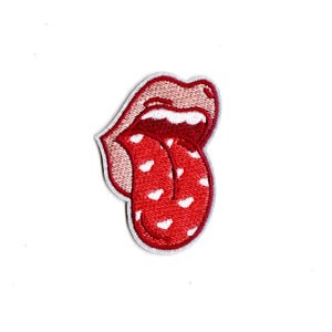 May include: Red embroidered patch of a mouth with a tongue sticking out. The tongue has white polka dots.