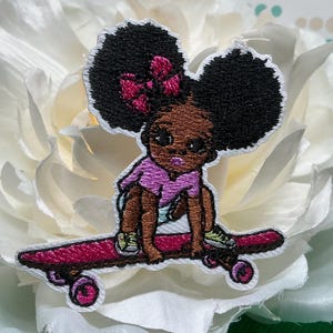 Skater Girl Embroidered Patch - Cute Black Girl on Skateboard Iron-on Applique for Jackets, Backpacks, and Hoodies - Afro Puffs Melanin Art