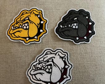 Angry Bulldog Embroidered Iron On Patch, Mascot Spiked Collar Applique for Trucker Hats & Team Hoodies, Animal badge, School (4Wx3.75L”)