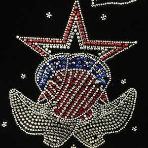 May include: A red, white, and blue star with a red, white, and blue anchor underneath. The star and anchor are made of rhinestones.