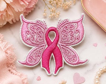 Pink Butterfly Awareness Ribbon Patch – Embroidered Iron On Applique, Breast Cancer Support Ribbon, Survivor Gift, Hope Patch