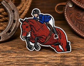 Embroidered Horse Jumping Show Jumper Patch • Equestrian Rider Fence Badge • Iron On Hunter Jumper Equestrian Custom Applique. (3Wx2.5H”)