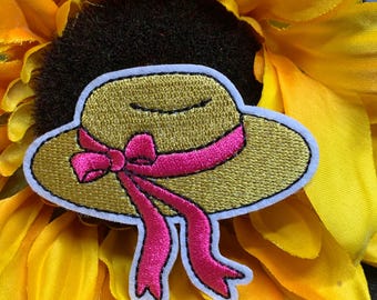 Beach Hat, Straw Hat Patch Embroidered Patch: Iron-On Summer Vacation Applique Embroidery Patch, Iron On Patches, Sew on Patches