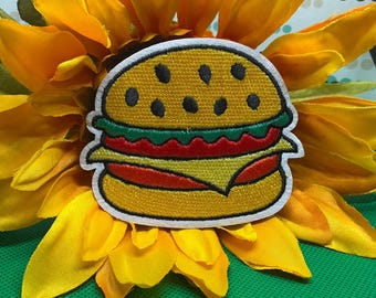 Cheeseburger Iron on Patch, Embroidered, fast food patch, vibrant colors, sew on patch, Applique, Funny Foodie Badge, two sizes available