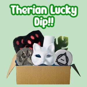 May include: A cardboard box filled with various items, including a white cat mask, a black paw-shaped item with red accents, a gray paw print, a white cylinder, a green leaf, and a circular item with a black design. The text "Therian Lucky Dip!!" is at the top.