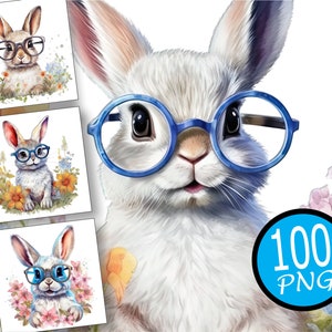 100 konijntjes in glazen clipart, schattige konijntjes, aquarel wilde bloemen, aquarel konijn, kaart maken, konijn clipart, commercieel gebruik