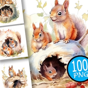 100 Squirrels in Burrow clipart, Squirrels clipart, watercolor Squirrels, Digital Planner, Junk Journals, Commercial Use, Digital Download