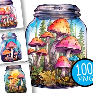 100 Watercolor Jar and mushrooms clipart, Jar Terrarium Clipart, Enchanted Garden PNG, card making, Enchanted Mushrooms, Digital Download