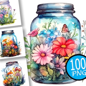 100 Watercolor Garden Flowers in jar Clipart, Jar Terrarium Clipart, Floral Clipart, spring flowers, Jar Art, Digital Download
