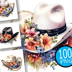 100 Cowboy hat with Flowers clipart, junk journals, Crafting Materials, design bundle,western png, paper crafting, commercial use