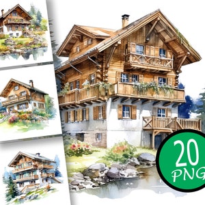 20 Watercolor Chalet Clipart Wall Art Chalet Clip Art Chalet PNG Digital Planner Junk Journaling commercial use Instant download