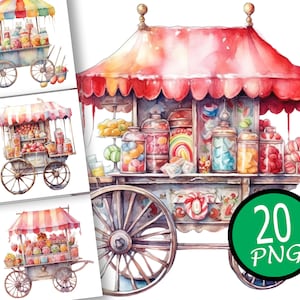 20 akwarela wózek ze słodyczami clipart cukierki clipart ilustracja PNG papier rzemieślniczy dziennik śmieci do druku tworzenie kart graficznych do użytku komercyjnego