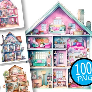 100 clipart per case delle bambole, casa delle bambole ad acquerello, casa carina Png, creazione di biglietti, clipart per la scuola materna, scrapbooking, download digitale, uso commerciale