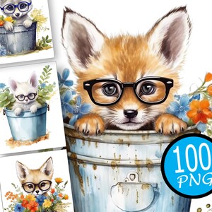 100 Fox in glasses Clipart,  cute fox, Watercolor wildflowers,  watercolor fox, Card Making, fox clipart, commercial use