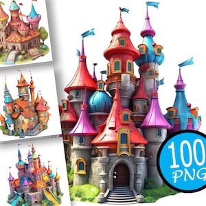 100 Watercolor Fairy Castle Clipart, Princess castle clipart, Fantasy Castles Clipart Bundle, clipart fairy kingdom, magical castle PNG