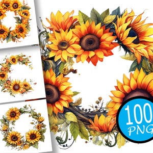 100 個のひまわりの花輪クリップアート、水彩ひまわりクリップアート バンドル、ジャンク ジャーナル、黄色の花、商用利用のための即時ダウンロード