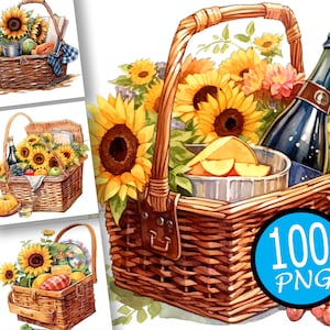 100 Sonnenblumen im Picknickkorb, Aquarell-Sonnenblumen-Clipart-Bundle, Junk Journal, gelbe Blumen, sofortiger Download für kommerzielle Nutzung