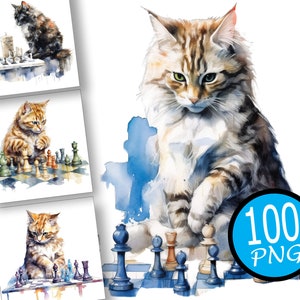 100 Watercolor Kitten and chess Clipart Chess Clipart Cute kittens playing chess Card Making, cat and chess Digital Download Commercial use