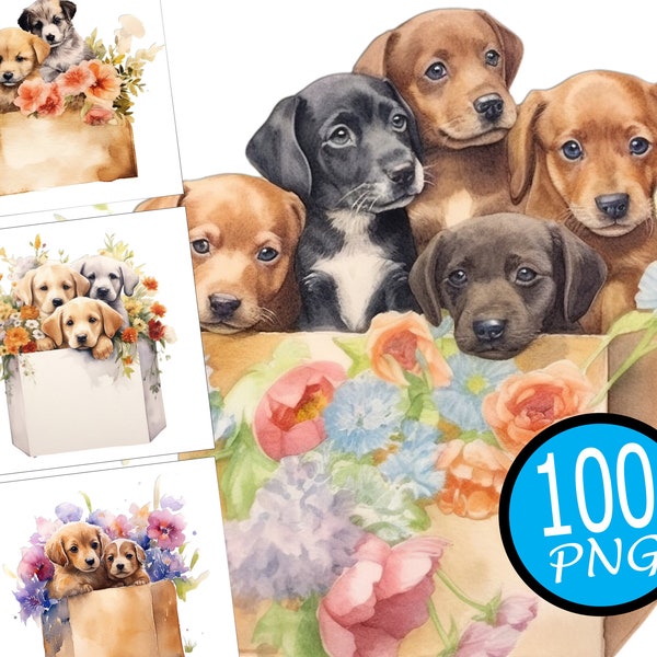 100 Box with Puppies Clipart,  Watercolor Puppies clipart, Cute Baby Puppy Clipart, dog clipart, Instant Download for Commercial Use