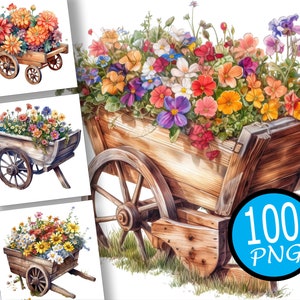 100 Wheelbarrow with Flowers Clipart, Watercolor Wheelbarrow, Clipart Bundle,Junk Journal,Spring floral, instant download for commercial use