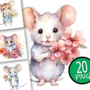 20 Mouse in flowers clipart, Mouse clipart, watercolor Mouse, Card Making, nursery clipart, Cute Animals, digital download, Commercial Use