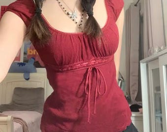 Coquette y2k women’s off the shoulder mesh lace detailing ribbon tie back short sleeve blouse milkmaid square neck top