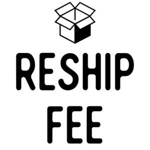 May include: A black and white graphic featuring the text "RESHIP FEE" in a bold, sans-serif font. Above the text is a simple line drawing of an open box.