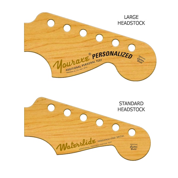 METALLIC GOLD/SILVER (gold/black/silver lettering - Strat style headstocks) Personalized Vintage Style Guitar Headstock Waterslide Decals