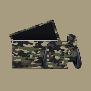 May include: A Nintendo Switch console and controllers with a camouflage pattern in shades of green, brown, and black. The console and controllers are displayed against a neutral background.