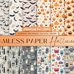 以下が含まれることがあります： コウモリ、カボチャ、幽霊、モンスターをフィーチャーした、16種類のデジタルハロウィンシームレスパターンセット。パターンは30.5cm×30.5cm、300DPIです。