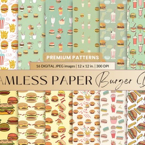 National Burger Day Digital Paper Pack - 16 Seamless Patterns, High-Res 12x12 Scrapbooking 300DPI JPGs, Perfect for Crafting & Party Decor
