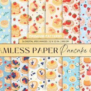 Könnte beinhalten: 16 digitale nahtlose Muster mit verschiedenen Pfannkuchen-Designs mit Blaubeeren, Erdbeeren und Sirup. Die Muster sind auf hellblauem, weißem oder rosa Hintergrund. Der Text "PREMIUM PATTERNS" und "SEAMLESS PAPER Pancake Day" ist im Bild enthalten.