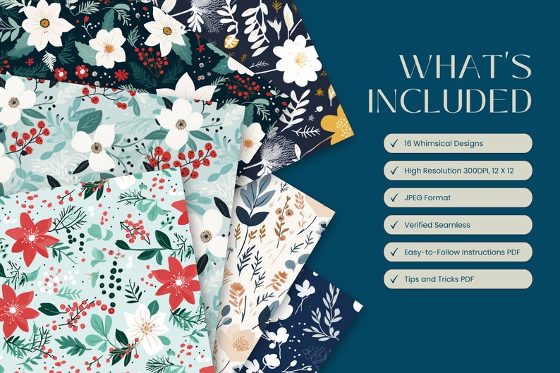 Whimsical Winter Floral Digital Paper Pack - Seamless 12x12, High-res ...
