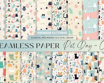 May include: A set of 16 digital seamless patterns featuring cute cats in various poses and designs. The patterns are in a variety of colors, including pink, blue, green, and yellow. The patterns are perfect for use in scrapbooking, card making, and other craft projects.  "PREMIUM PATTERNS" and "SEAMLESS PAPER Pet Day - Cats" are written in the image.