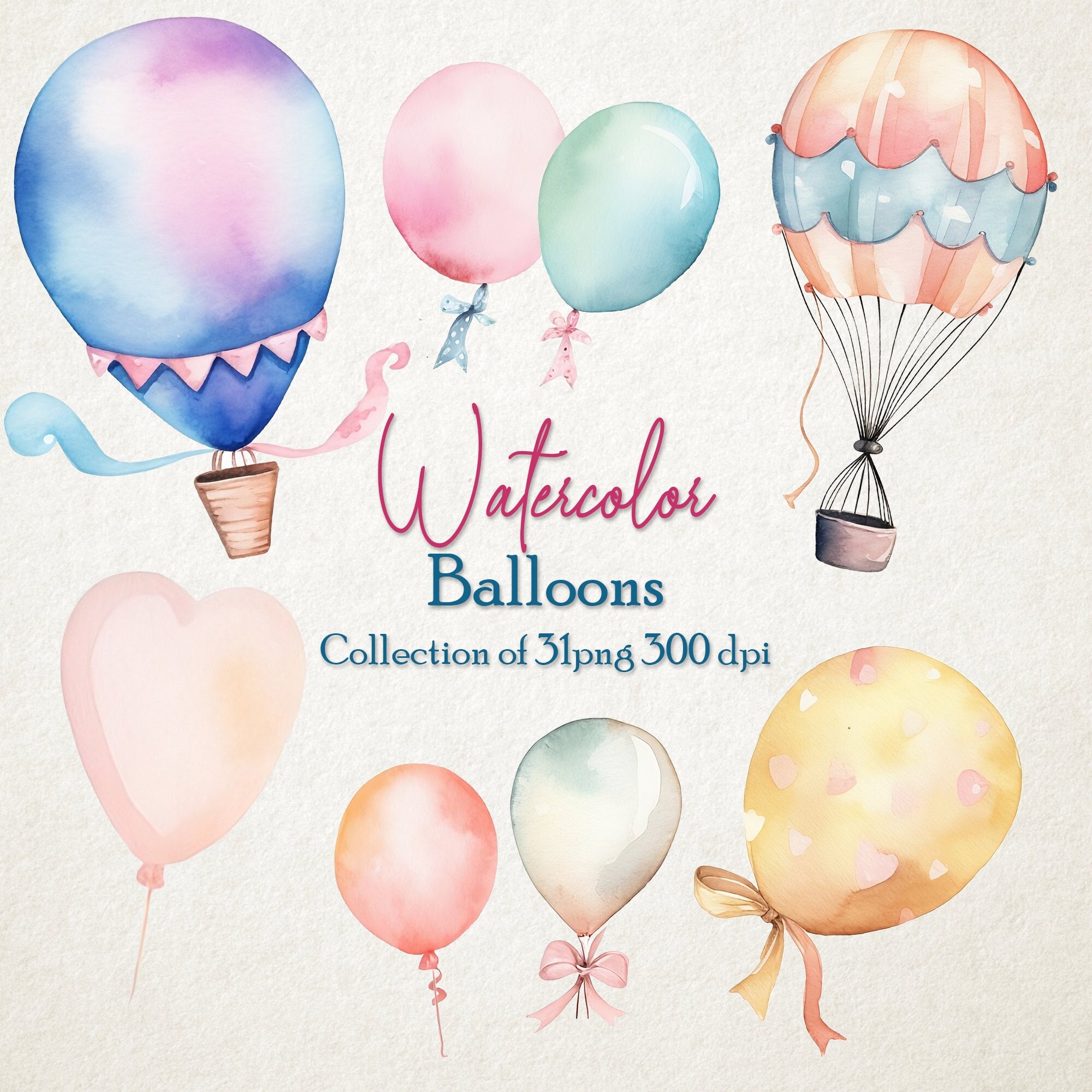 Watercolor Pastel Balloons Set of 31 High-quality Clipart Transparent ...