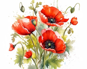 Poppies Clipart, 20 High Quality JPGs, paper craft, mixed media, card making, digital download, watercolor