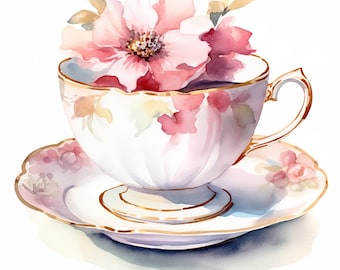 Vintage Pink Teacup Clipart, 20 High Quality JPGs, flower teacup, paper craft, mixed media, card making, digital download, water