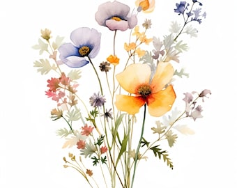 Wildflower Clipart, 20 High Quality JPGs, paper craft, mixed media, card making, digital download