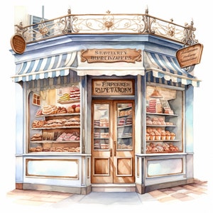 Bäckerei Ladenfronten Clipart, 20 hochwertige JPGs, Papierbasteln, Mischtechnik, Kartenherstellung, digitaler Download, Aquarell