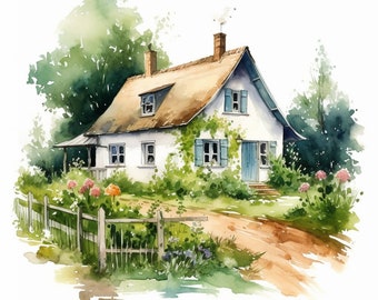 Country Cottage Clipart, 20 High Quality PNGs, paper craft, mixed media, card making, digital download, watercolor